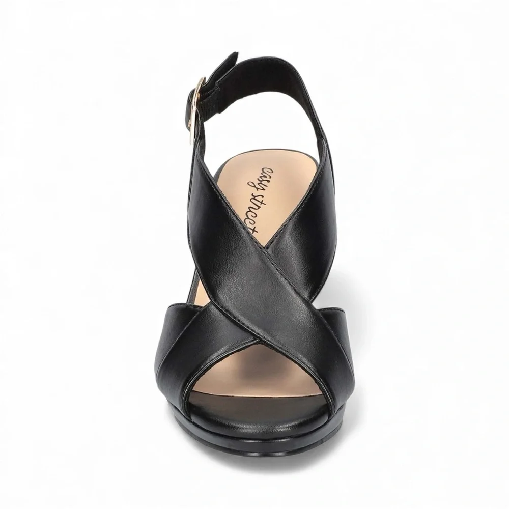 Easy Street Christy Slingback Heeled Sandals Cross Strap Buckle 7.5 Black NEW - Picture 12 of 16